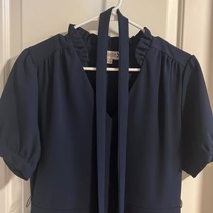 Navy blue dress, V-neck knee length